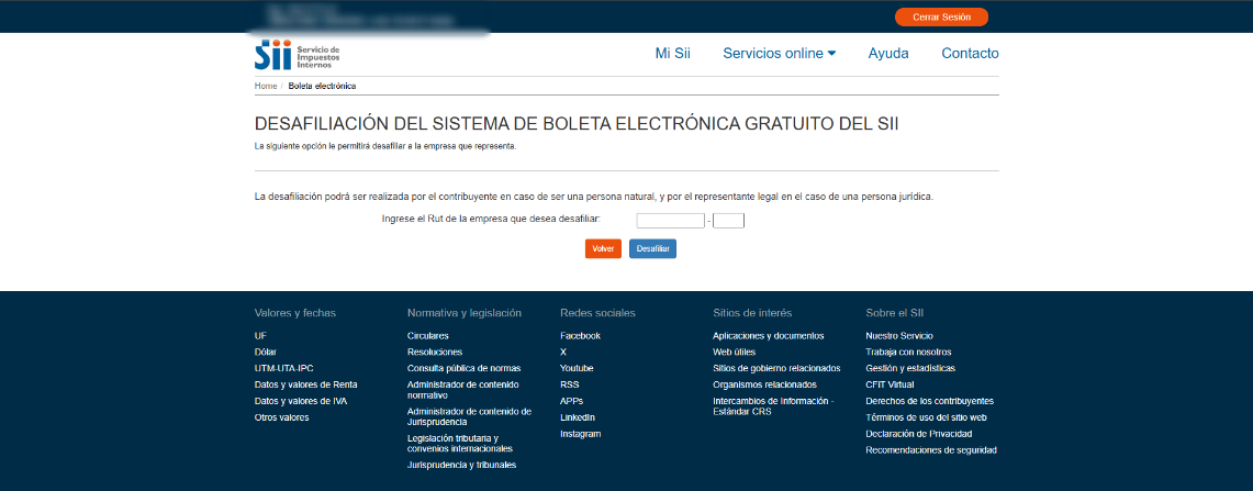 Ingresar RUT de empresa para desafiliación