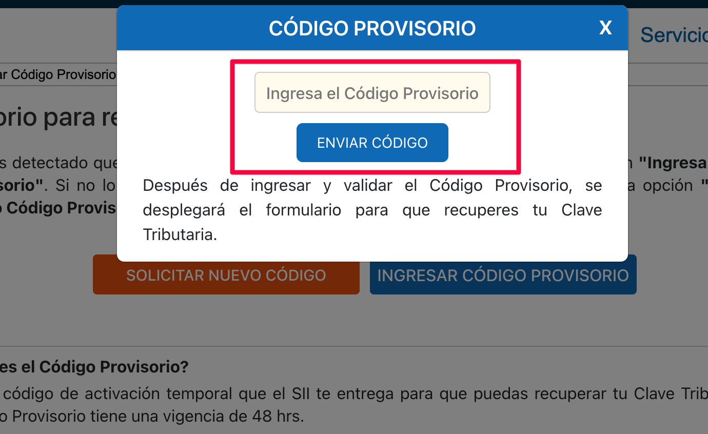 Ventana para ingresar código provisorio