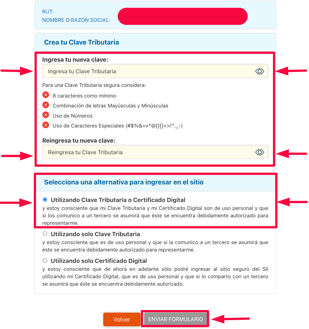 Configuración de nueva clave y opción Certificado Digital
