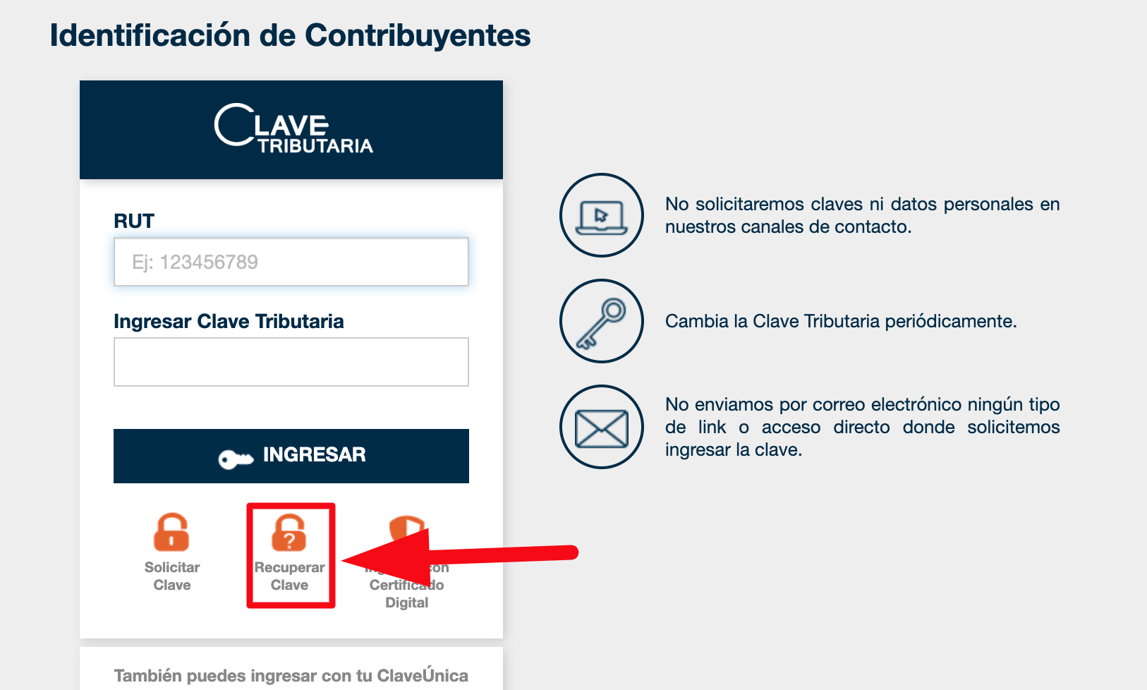 Opción Recuperar clave en el SII