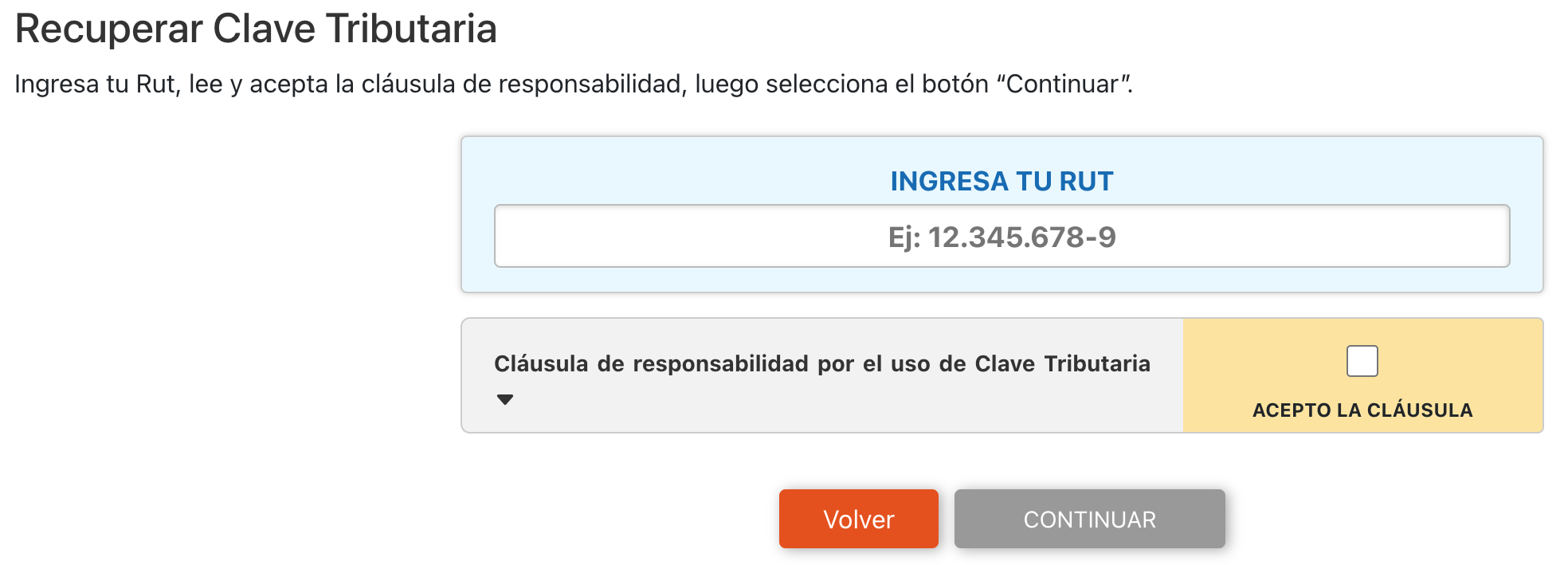 Formulario ingreso RUT para recuperar clave