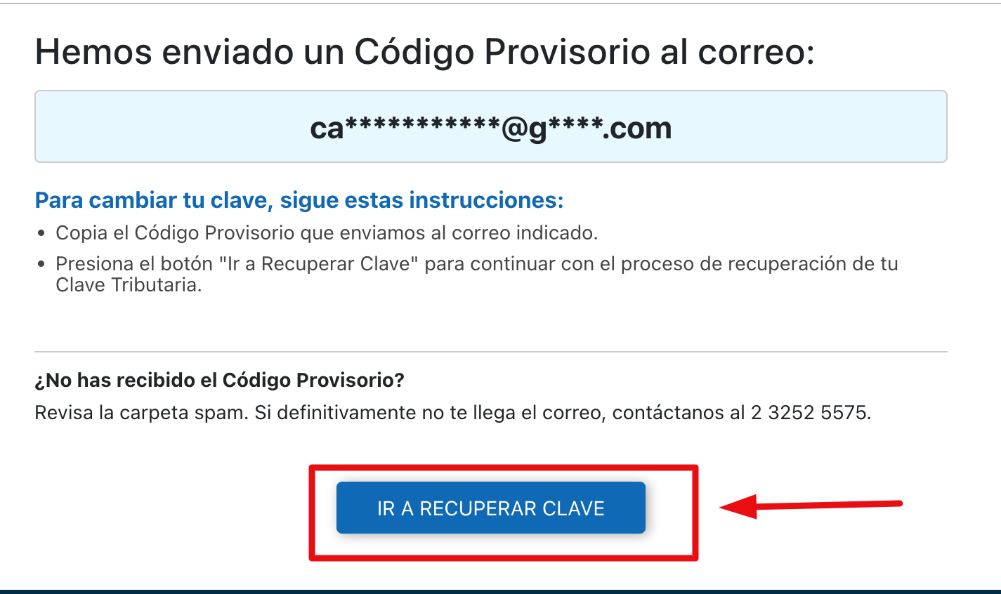 Mensaje ir a recuperar clave