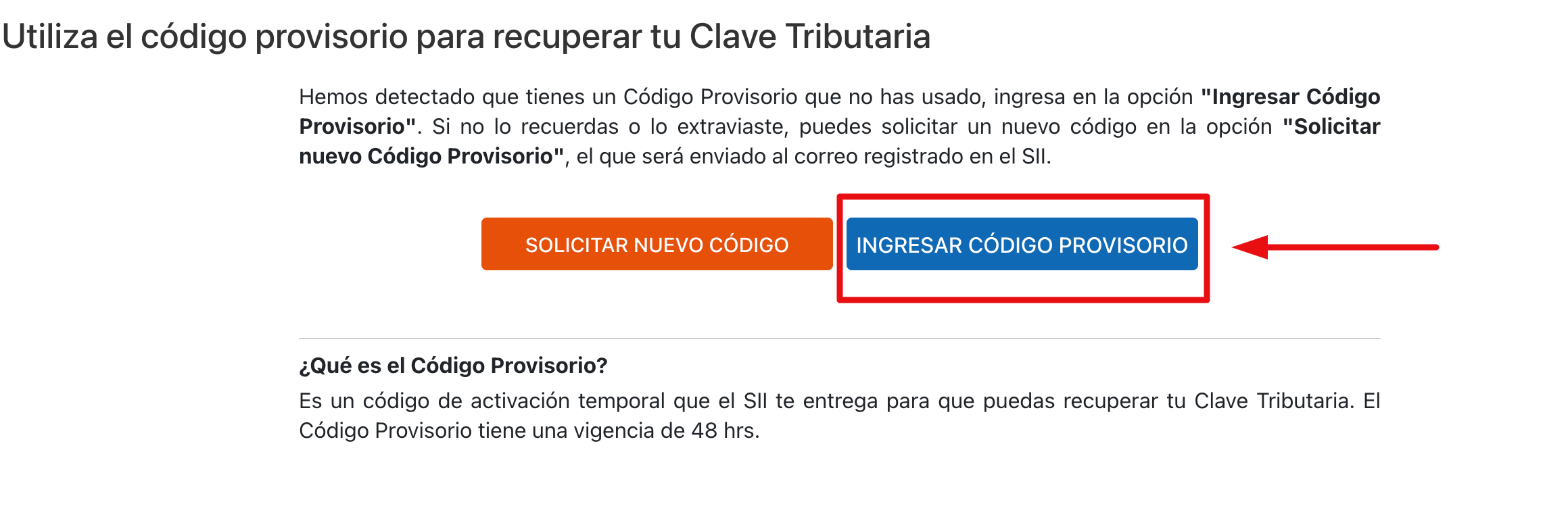 Botón ingresar código provisorio