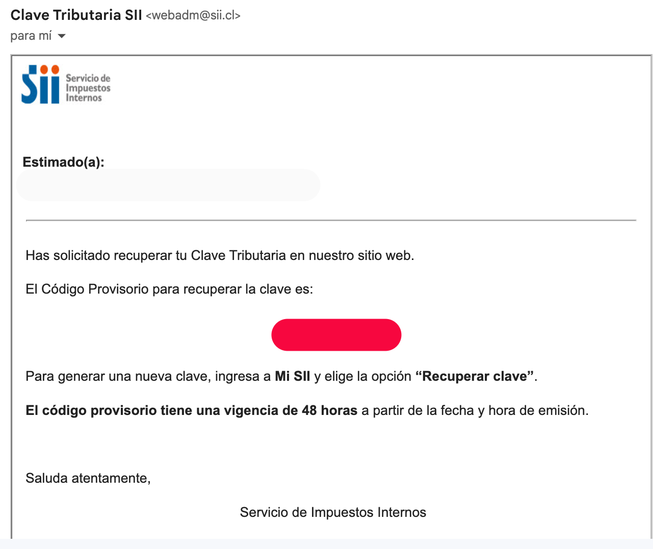 Correo del SII con código provisorio