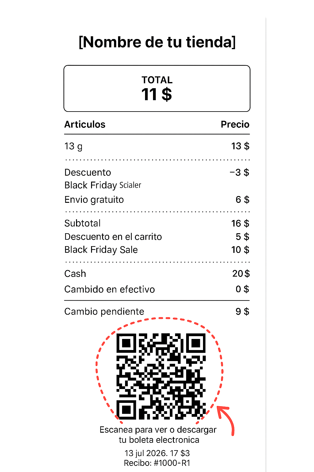 QR en comprobante Shopify POS — el cliente escanea para ver su boleta electrónica