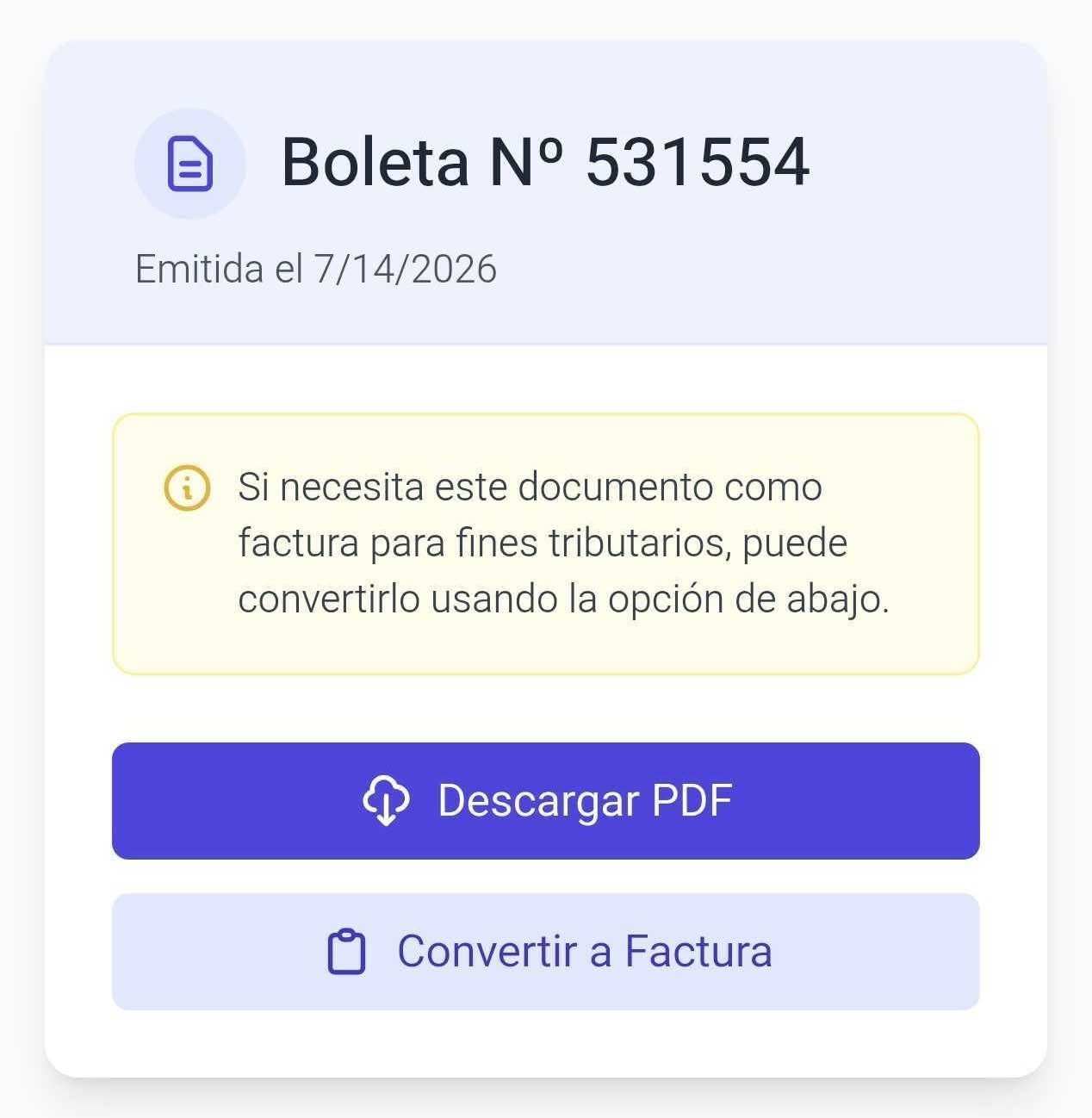 Portal de autoatención — el cliente escanea el QR y accede a descargar PDF o convertir a factura